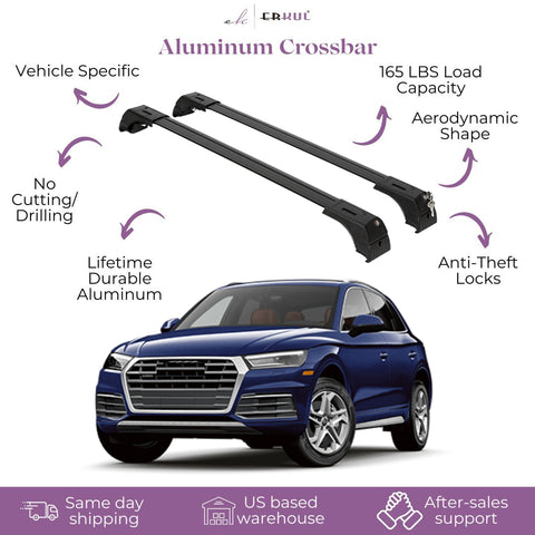 ERKUL Roof Rack Cross Bars for Audi Q5 2018-2024 | Aluminum Crossbars with Anti Theft Lock for Rooftop | Compatible with Flush Rails - Black