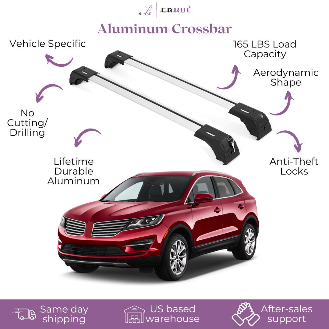 Erkul Roof Rack Cross Bars Fits Lincoln MKC 2015-2019 Fits Flush Rails Silver