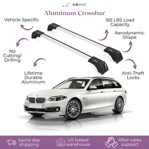 ERKUL Roof Rack Cross Bars for BMW 5 Estate/Touring F11 2010-2017 | Aluminum Crossbars with Anti Theft Lock for Rooftop | Compatible with Flush Rails - Silver