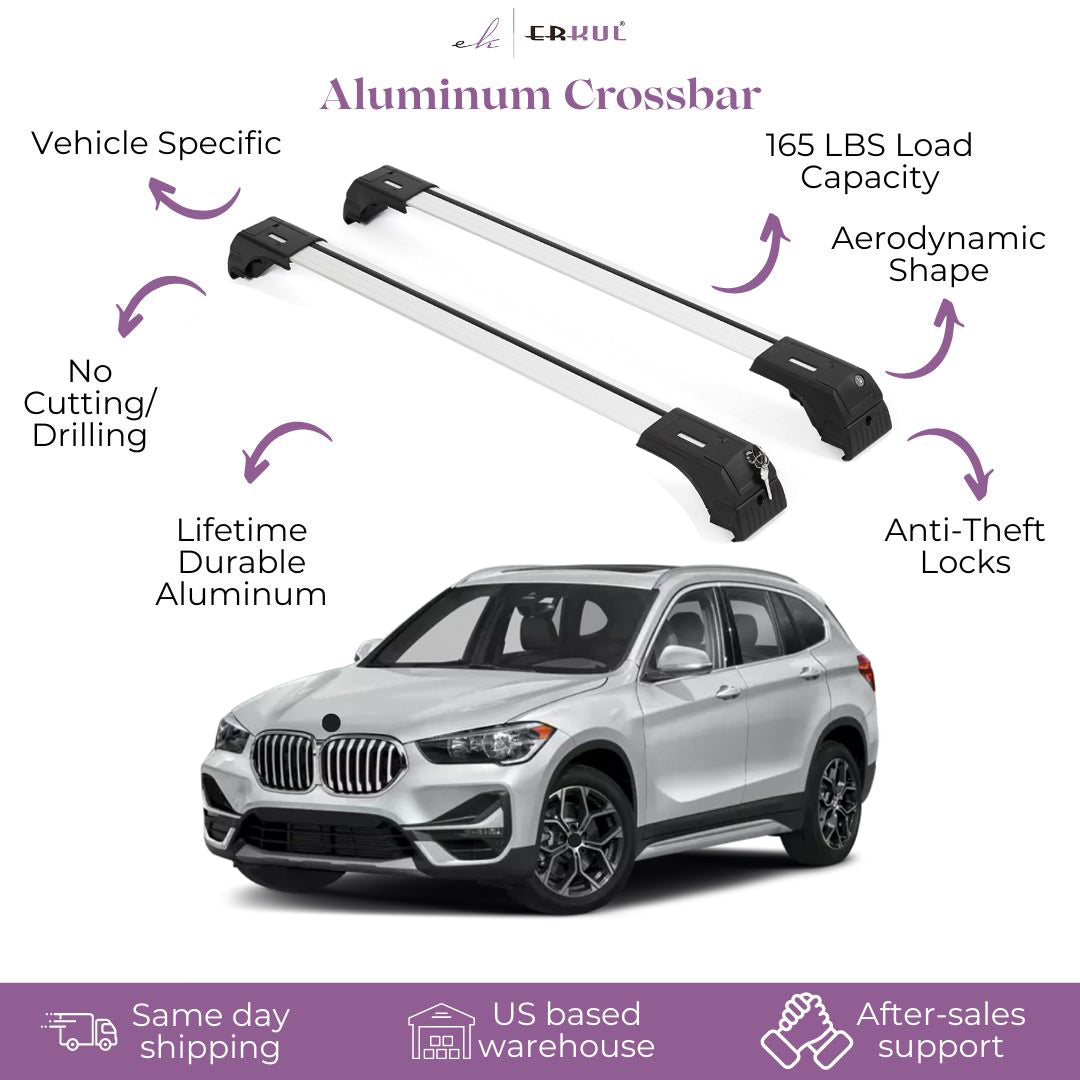 Erkul Roof Rack Cross Bars Fits BMW X1 (F48) 2016-2022 Fits Flush Rails Silver