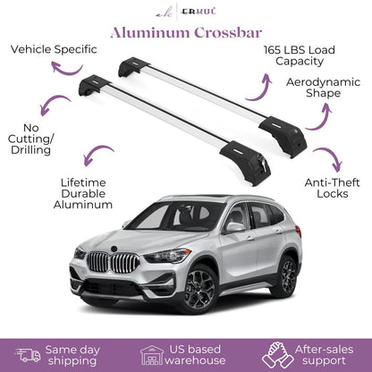 Erkul Roof Rack Cross Bars Fits BMW X1 (F48) 2016-2022 Fits Flush Rails Silver