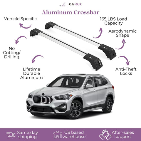 ERKUL Roof Rack Cross Bars for BMW X1 F48 2016-2022 | Aluminum Crossbars with Anti Theft Lock for Rooftop | Compatible with Flush Rails - Silver