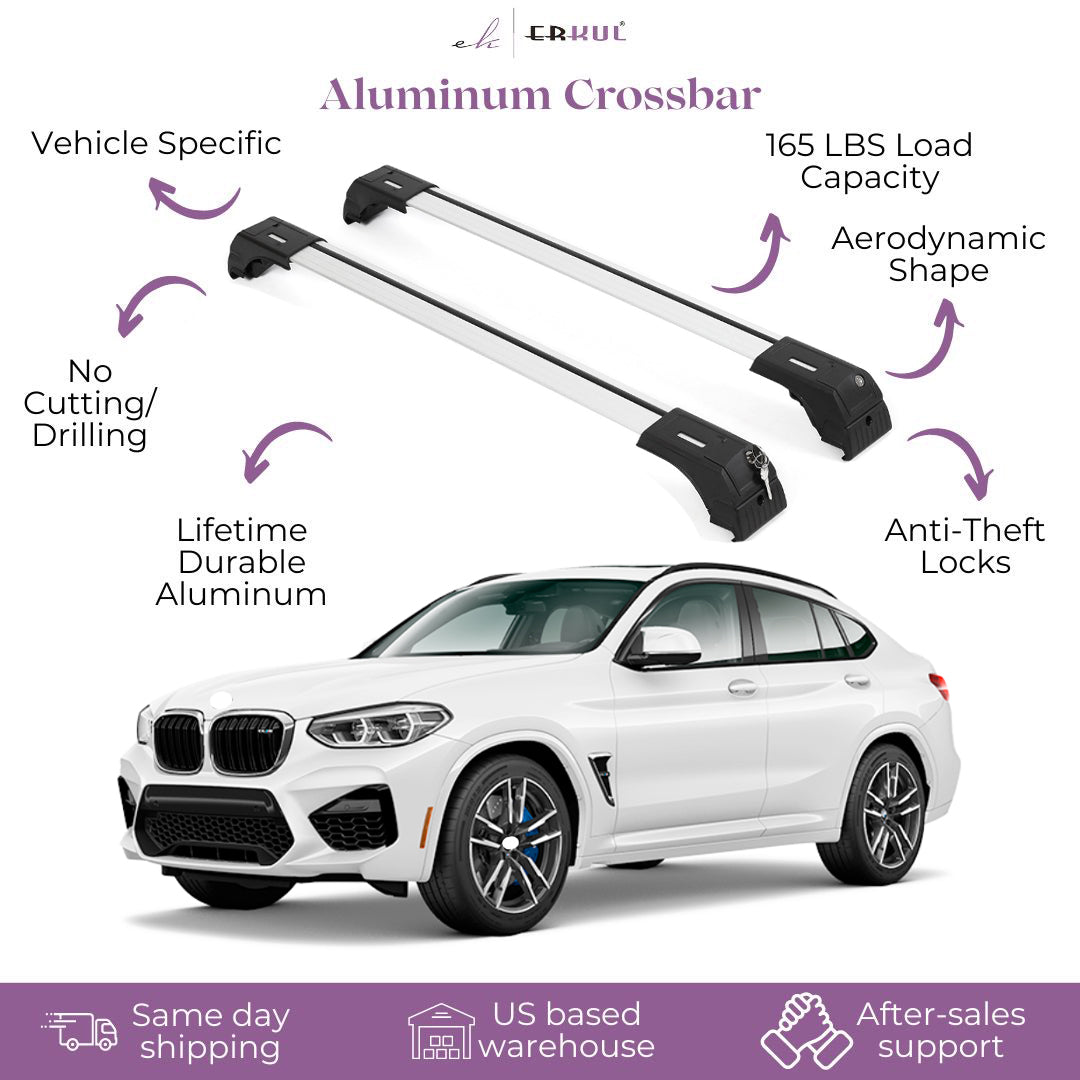 Erkul Roof Rack Cross Bars Fits BMW X4 2014-2018 Fits Flush Rails Silver