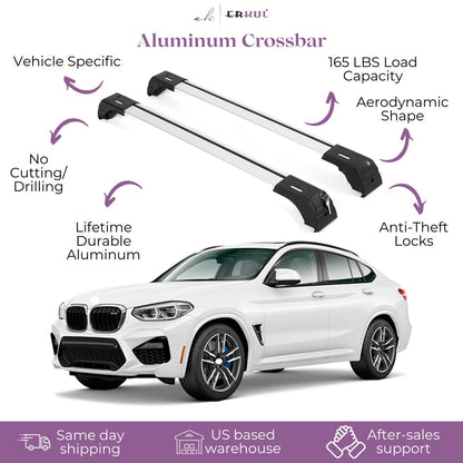 Erkul Roof Rack Cross Bars Fits BMW X4 2014-2018 Fits Flush Rails Silver