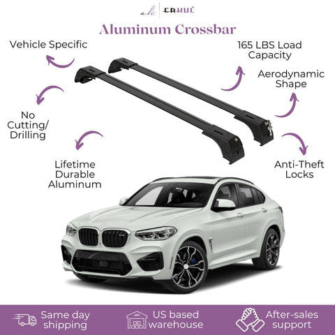 ERKUL Roof Rack Cross Bars for BMW X4 G02 2019-2024 | Aluminum Crossbars with Anti Theft Lock for Rooftop | Compatible with Flush Rails - Black