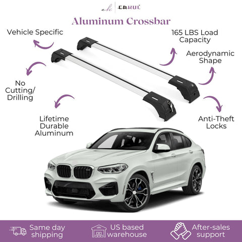 ERKUL Roof Rack Cross Bars for BMW X4 G02 2019-2024 | Aluminum Crossbars with Anti Theft Lock for Rooftop | Compatible with Flush Rails - Silver