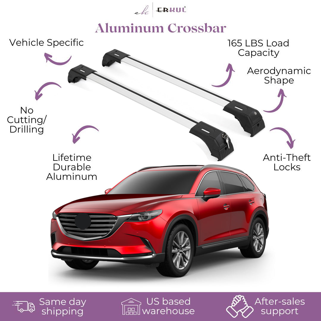 Erkul Roof Rack Cross Bars Fits Mazda CX9 2016-2024 Fits Flush Rails Silver