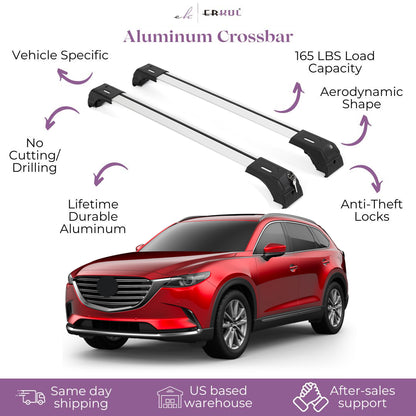 Erkul Roof Rack Cross Bars Fits Mazda CX9 2016-2024 Fits Flush Rails Silver