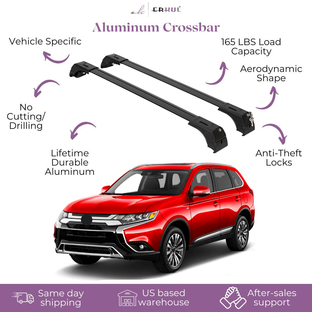Erkul Roof Rack Crossbar Fit Mitsubishi Outlander 13-21 Fits Flush Rails Black