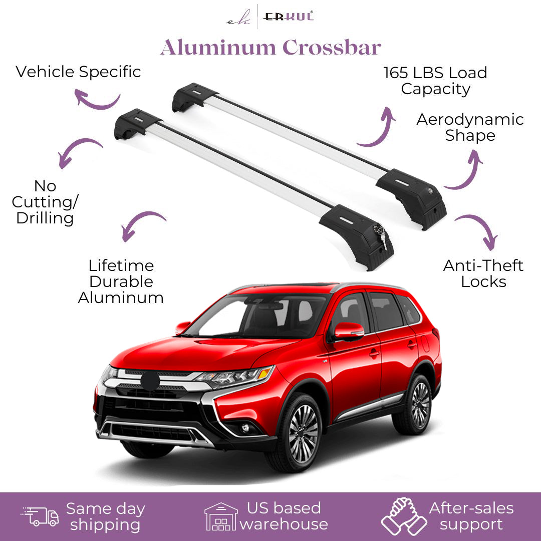 Erkul Roof Rack Crossbar Fit Mitsubishi Outlander 13-21 Fits Flush Rails Silver