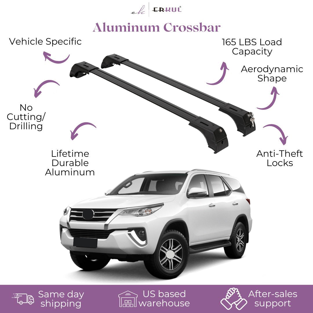 Erkul Roof Rack Cross Bars Fit Toyota Fortuner 2015-2023 Fits Flush Rails Black