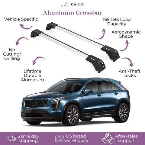 ERKUL Roof Rack Cross Bars for Cadillac XT4 2019-2024 | Aluminum Crossbars with Anti Theft Lock for Rooftop | Compatible with Flush Rails - Silver