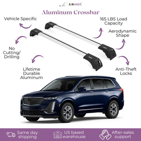 ERKUL Roof Rack Cross Bars for Cadillac XT6 2020-2023 | Aluminum Crossbars with Anti Theft Lock for Rooftop | Compatible with Flush Rails - Silver