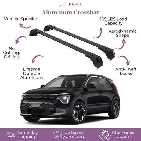 ERKUL Roof Rack Cross Bars for Kia NIRO 2023-2024 | Aluminum Crossbars with Anti Theft Lock for Rooftop | Compatible with Flush Rails - Black