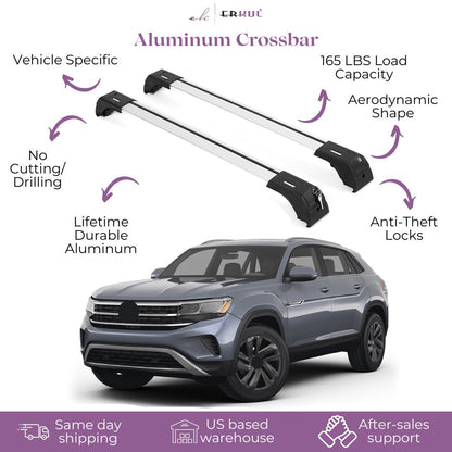 Erkul Roof Rack Crossbars Fit Volkswagen Atlas Cross Sport 20-25 Aluminum Silver