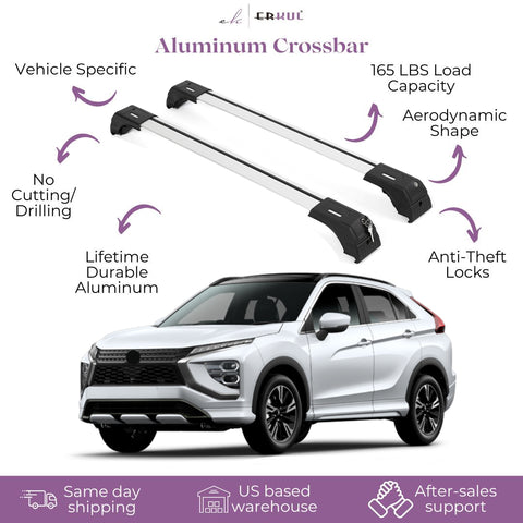 ERKUL Roof Rack Cross Bars Compatible with Mitsubishi Eclipse Cross 2018-2024 | Aluminum Crossbars with Anti Theft Lock for Rooftop | Compatible with Flush Rails - Silver