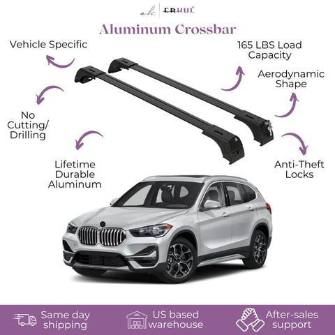 ERKUL Roof Rack Cross Bars for BMW X1 F48 2016-2022 | Aluminum Crossbars with Anti Theft Lock for Rooftop | Compatible with Flush Rails - Black