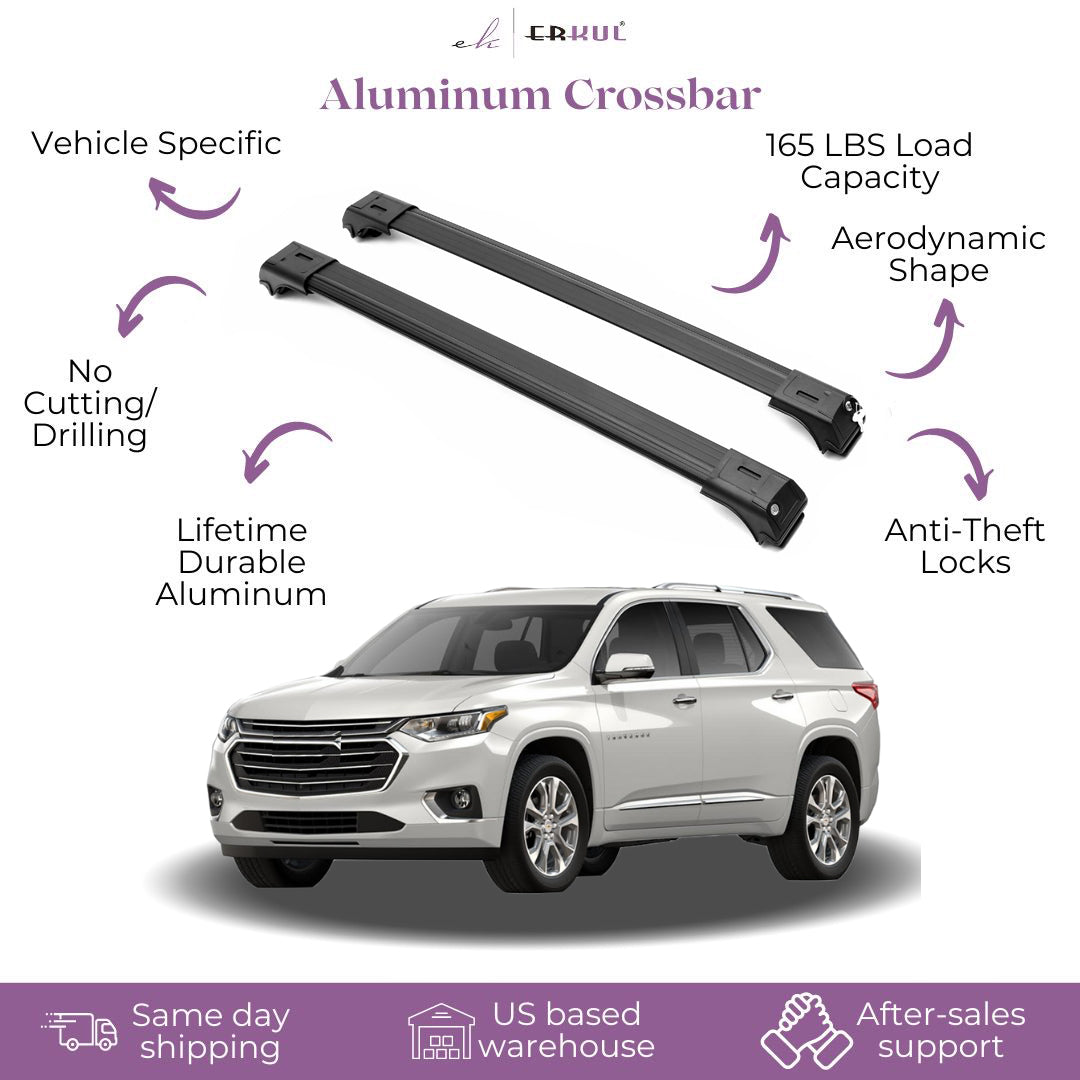 ERKUL Roof Rack Cross Bars for Chevrolet Chevy Traverse 2018-2024 For Raised Rails - Black