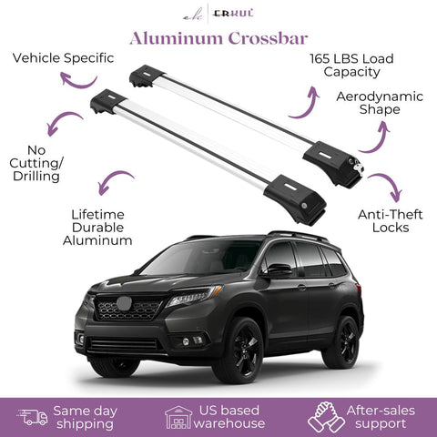 ERKUL Roof Rack Cross Bars for Honda Passport 2019-2024 | Aluminum Crossbars with Anti Theft Lock for Rooftop | Compatible with Raised Rails - Silver