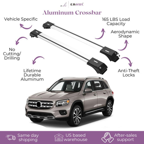 ERKUL Roof Rack Cross Bars for Mercedes Benz GLB 2020-2024 | Aluminum Crossbars with Anti Theft Lock for Rooftop | Compatible with Raised Rails - Silver