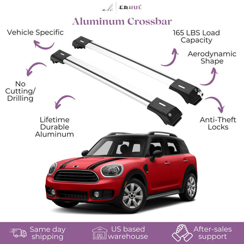 ERKUL Roof Rack Cross Bars for Mini Cooper Countryman 2017-2024 & 2011-2016 with Raised Side Rails | Anti-Theft Lock Aluminum Crossbars for Rooftop Cargo Carrier Luggage Kayak Canoe Bike | Silver