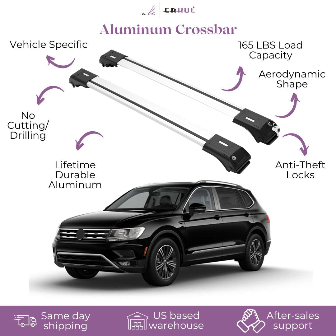 ERKUL Roof Rack Cross Bars for VW Volkswagen Tiguan 2018-2024 For Raised Rails - Silver