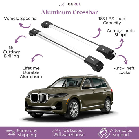 ERKUL Roof Rack Cross Bars for BMW X7 G07 2019-2024 | Aluminum Crossbars with Anti Theft Lock for Rooftop | Compatible with Raised Rails - Silver