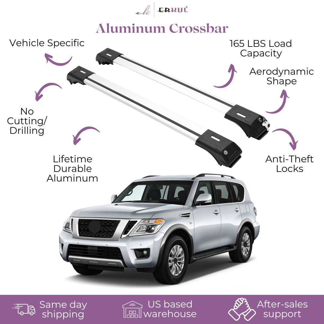 ERKUL Roof Rack Cross Bars Fits Nissan Armada 2017-2025 Fits Raised Rails Silver