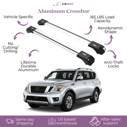 ERKUL Roof Rack Cross Bars Fits Nissan Armada 2017-2025 Fits Raised Rails Silver