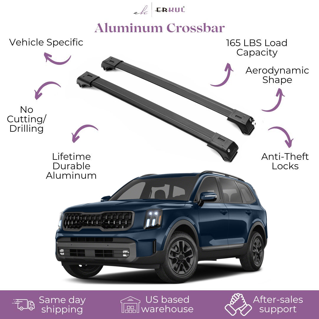 ERKUL Roof Rack Cross Bars Fit Kia Telluride 2019-2025 Aluminum Lockable Black