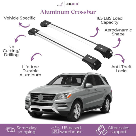 ERKUL Roof Rack Cross Bars for Mercedes Benz ML Class W166 2012-2015 | Aluminum Crossbars with Anti Theft Lock for Rooftop | Compatible with Raised Rails - Silver