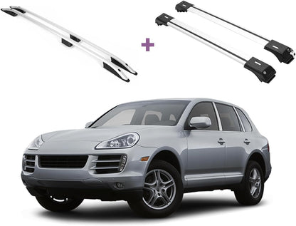 ERKUL Set of Roof Side Rails Rack + Cross Bars for Porsche Cayenne 2003-2010 | Complete Roof Rack System Enhanced Cargo | Rooftop Luggage Carrier Kayak Canoe Ski | Designed for Bare Roofs | Silver