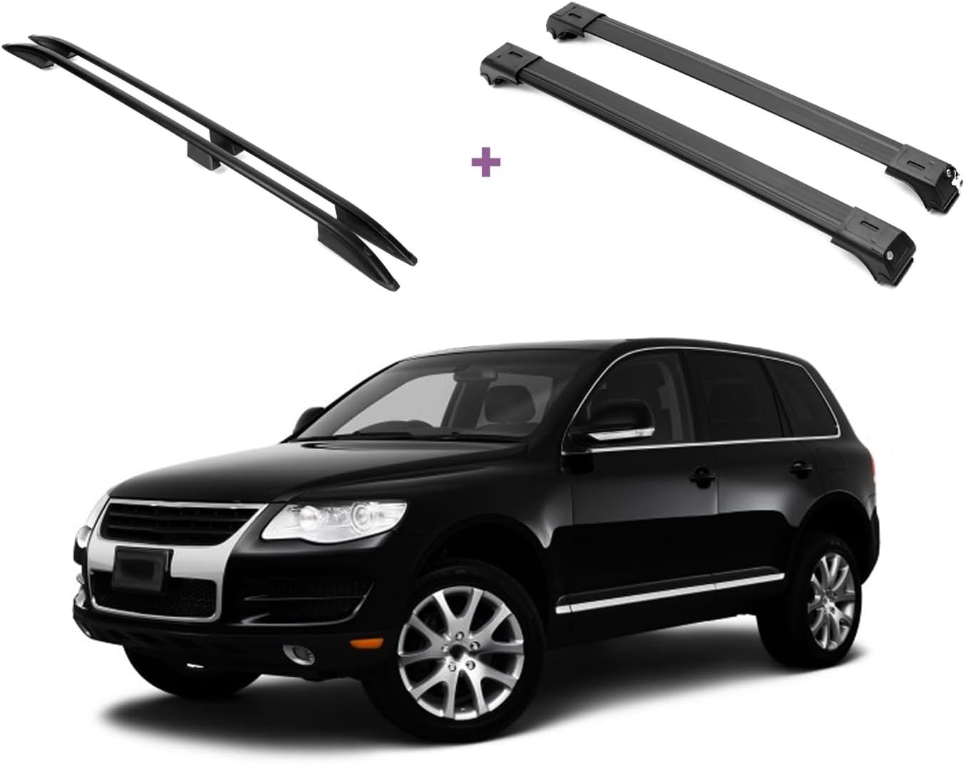 ERKUL Set of Roof Side Rails Rack + Cross Bars for Volkswagen Touareg 2003-2007 | Complete Roof Rack System Enhanced Cargo |Rooftop Luggage Carrier Kayak Canoe Ski| Designed for Bare Roofs | Black