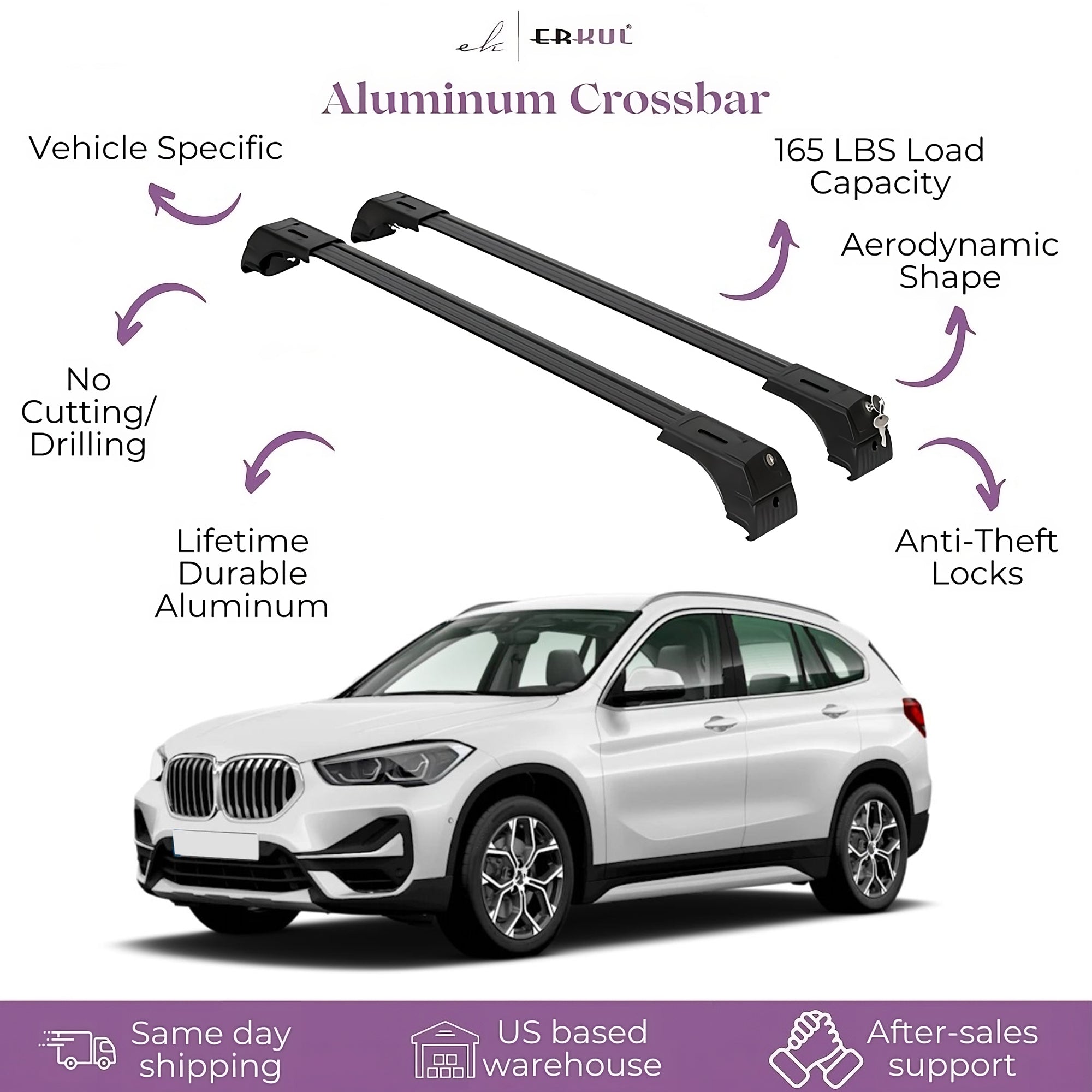 Erkul Roof Rack Cross Bars Fits BMW X1 2023-2025 Fits Flush Rails Black