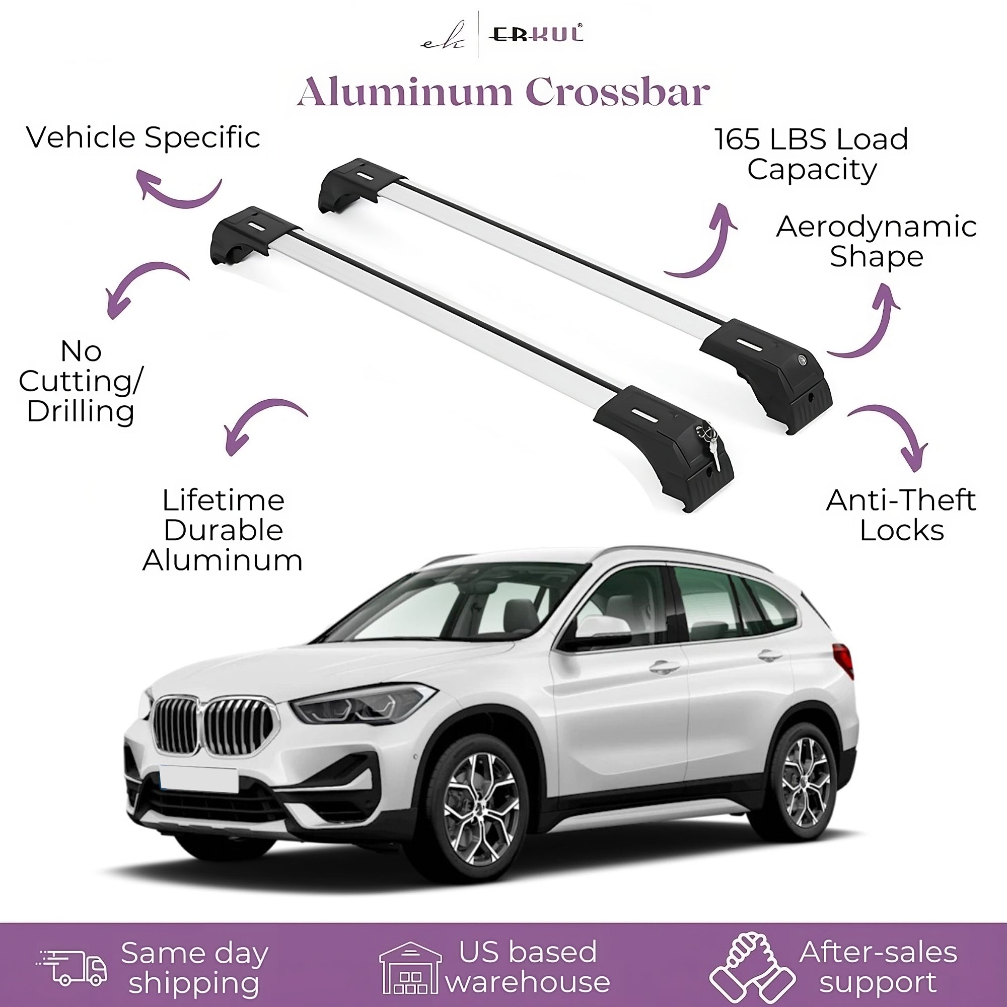 Erkul Roof Rack Cross Bars Fits BMW X1 2023-2025 Fits Flush Rails Silver