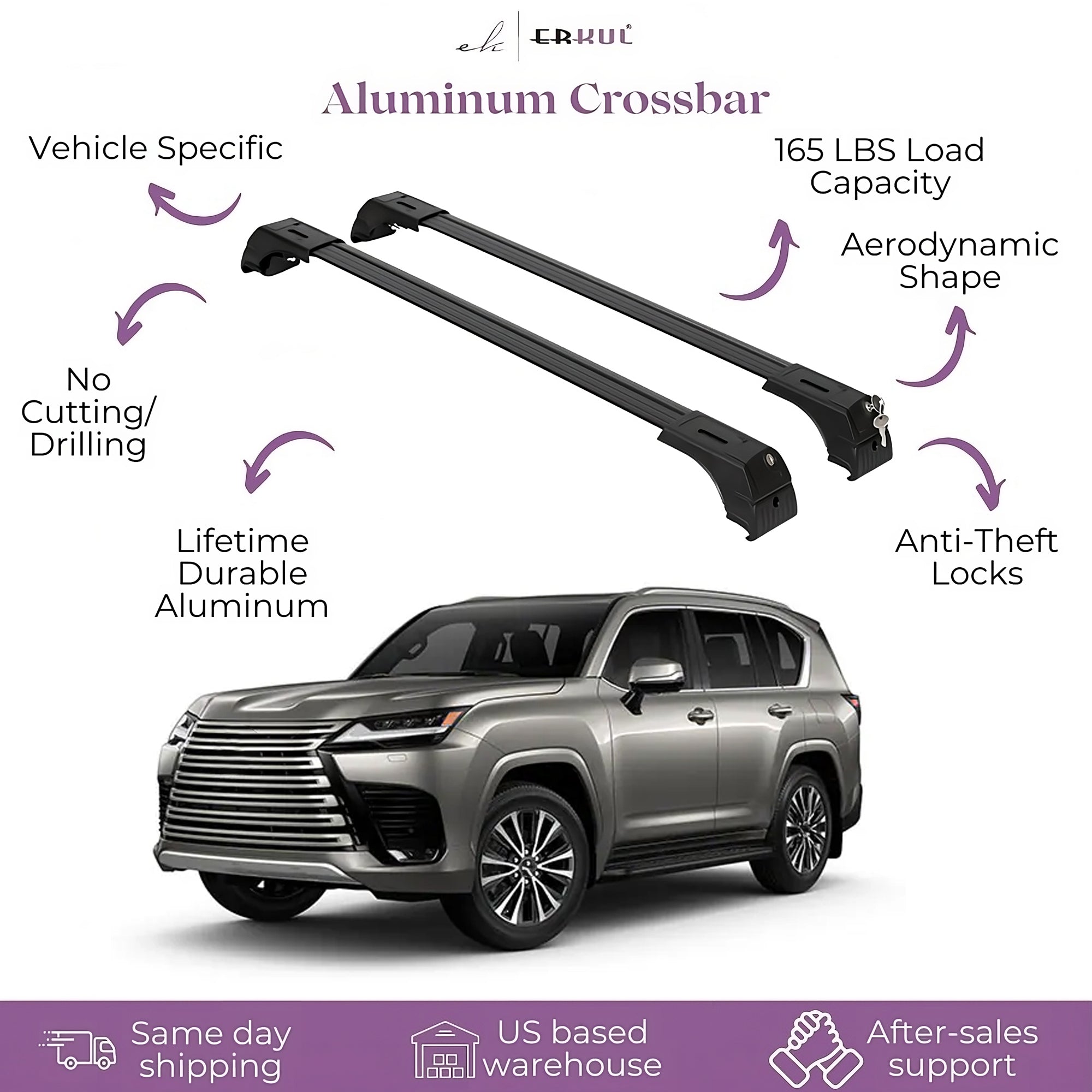 Erkul Roof Rack Cross Bars Fits Lexus LX 600 2022-2025 Fits Flush Rails Black