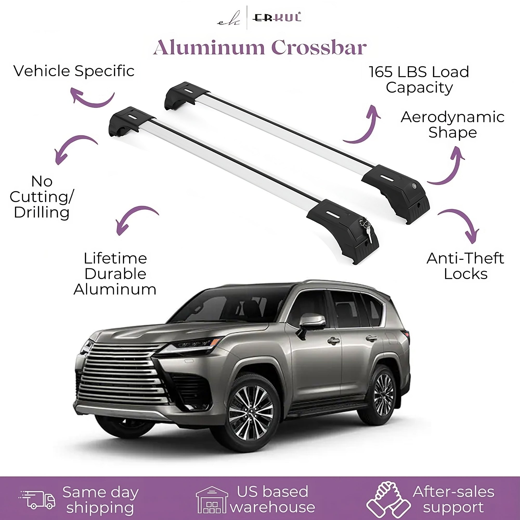 Erkul Roof Rack Cross Bars Fits Lexus LX 600 2022-2025 Fits Flush Rails Silver