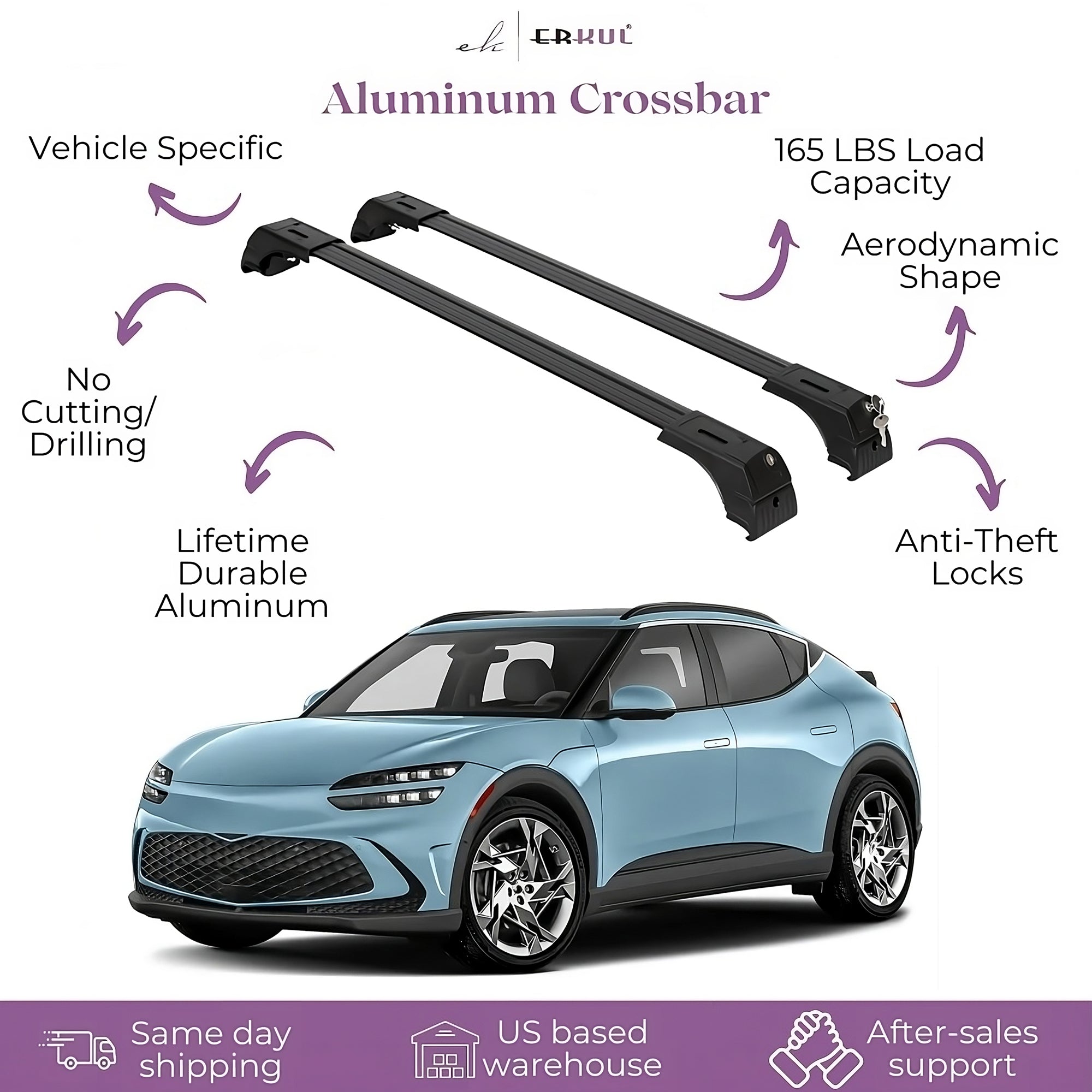 ERKUL Roof Rack Cross Bars Fits Genesis GV60 2023-2025 Fits Flush Rails Black