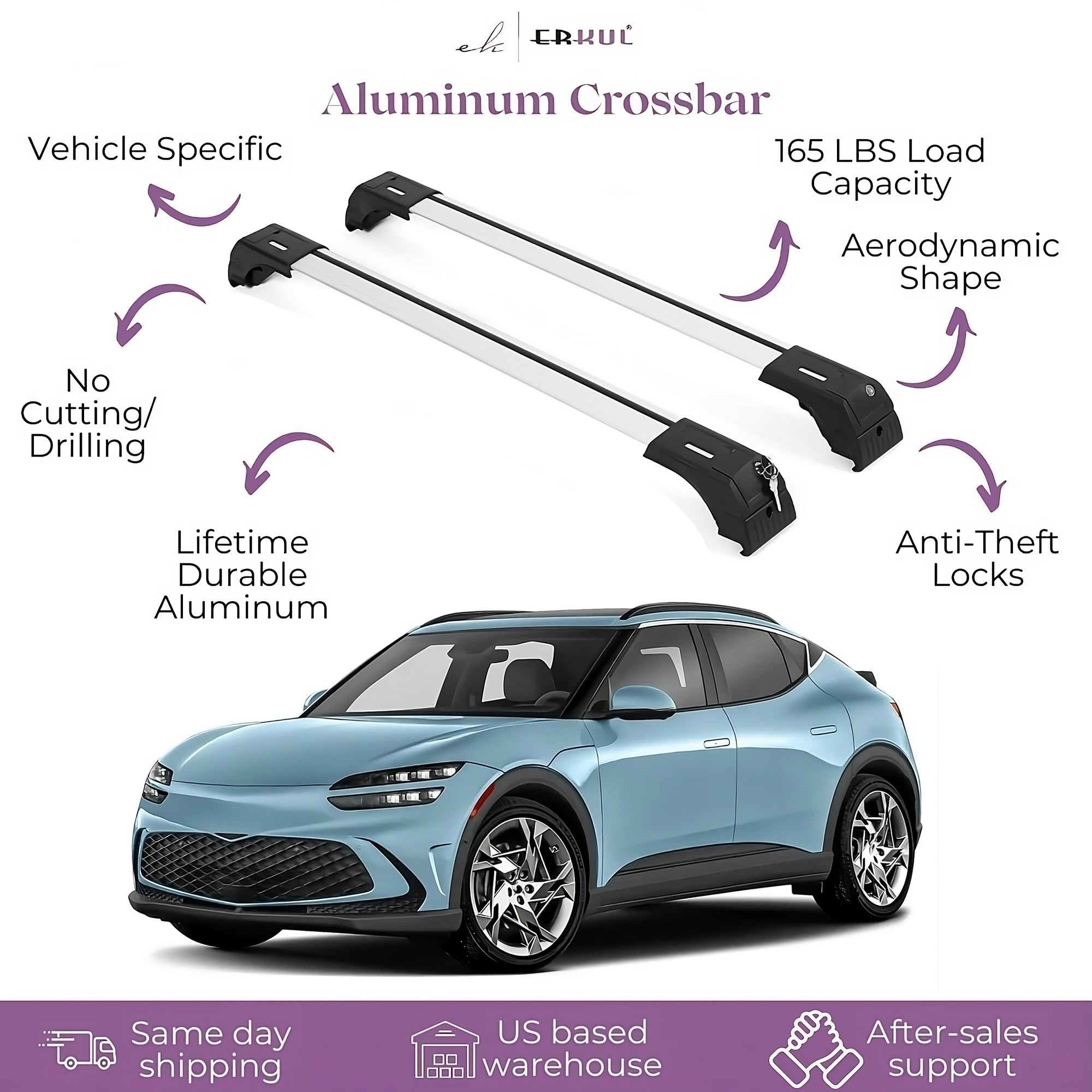 ERKUL Roof Rack Cross Bars Fits Genesis GV60 2023-2025 Fits Flush Rails Silver