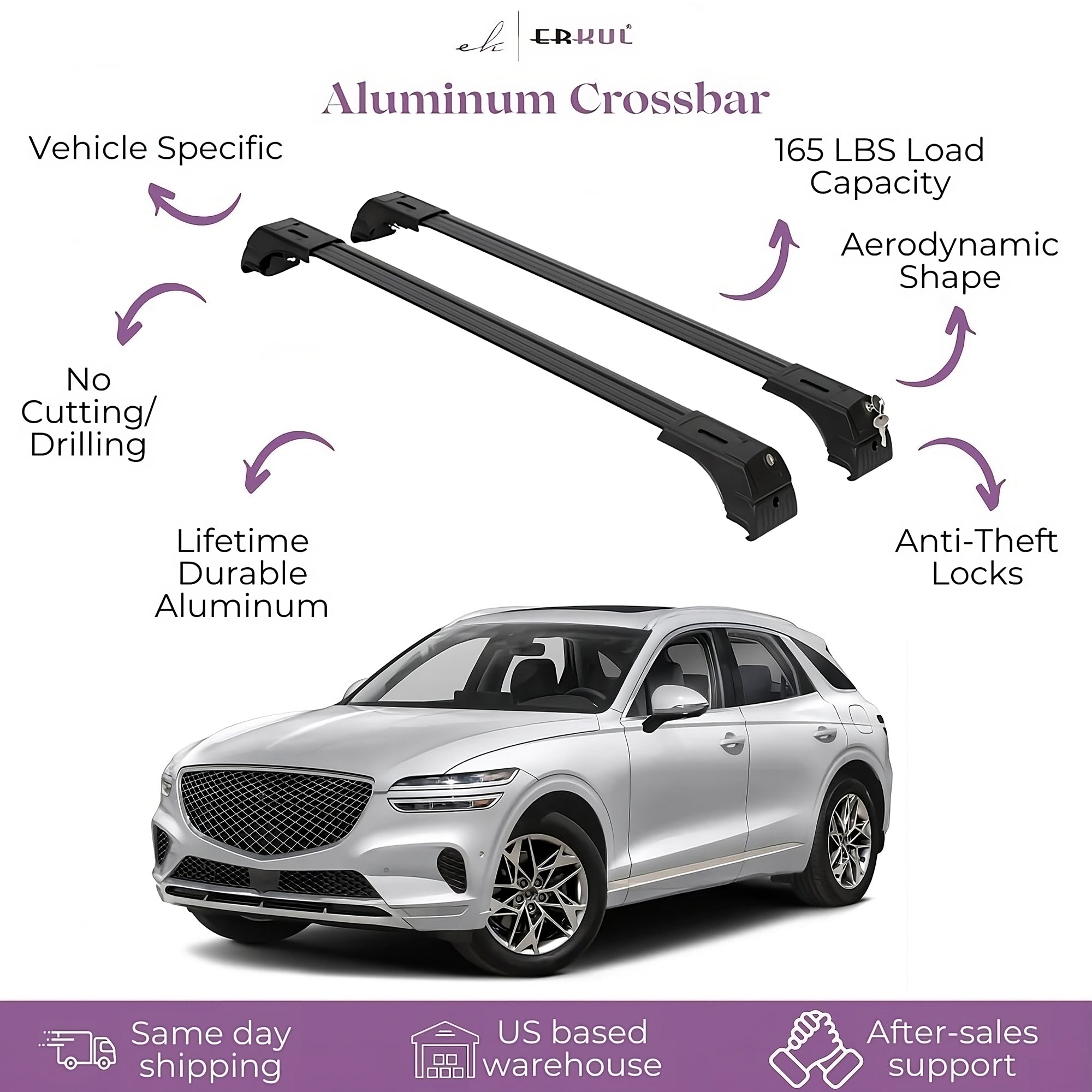 ERKUL Roof Rack Cross Bars Fits Genesis GV70 2022-2025 Fits Flush Rails Black