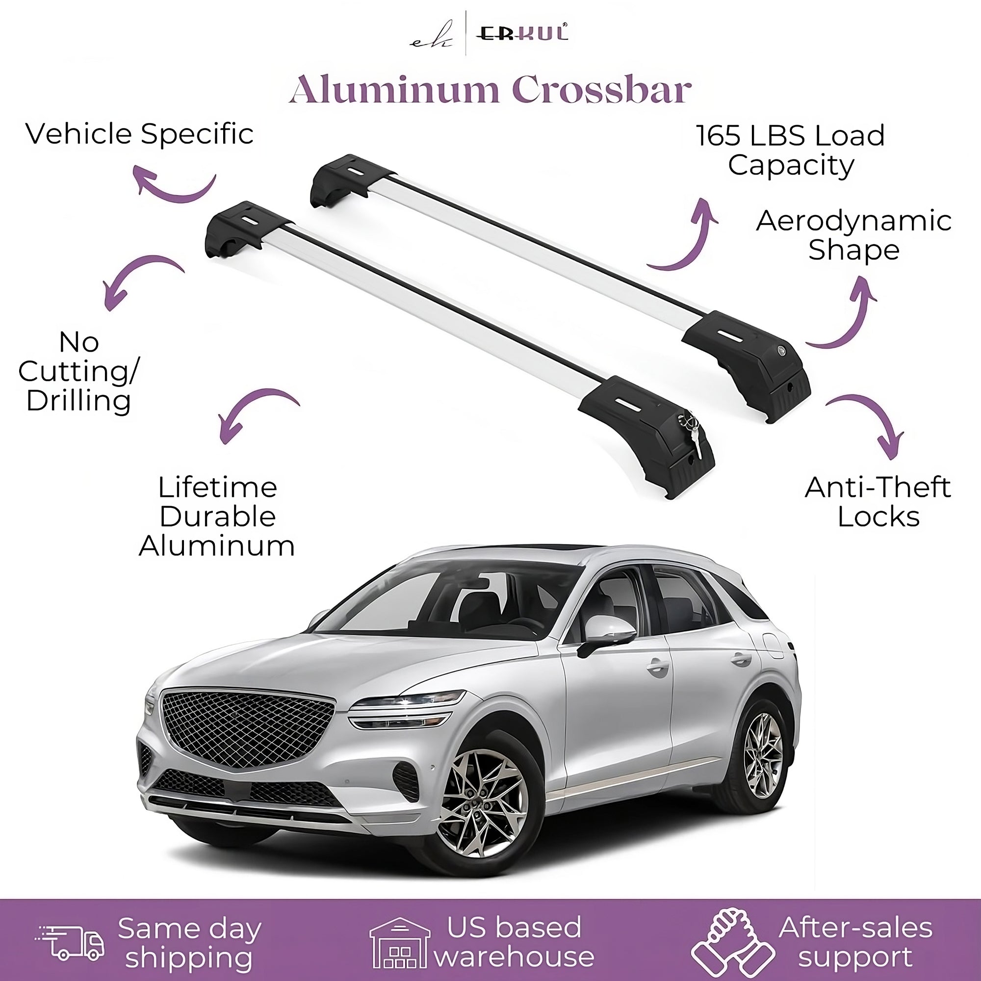 ERKUL Roof Rack Cross Bars Fits Genesis GV70 2022-2025 Fits Flush Rails Silver