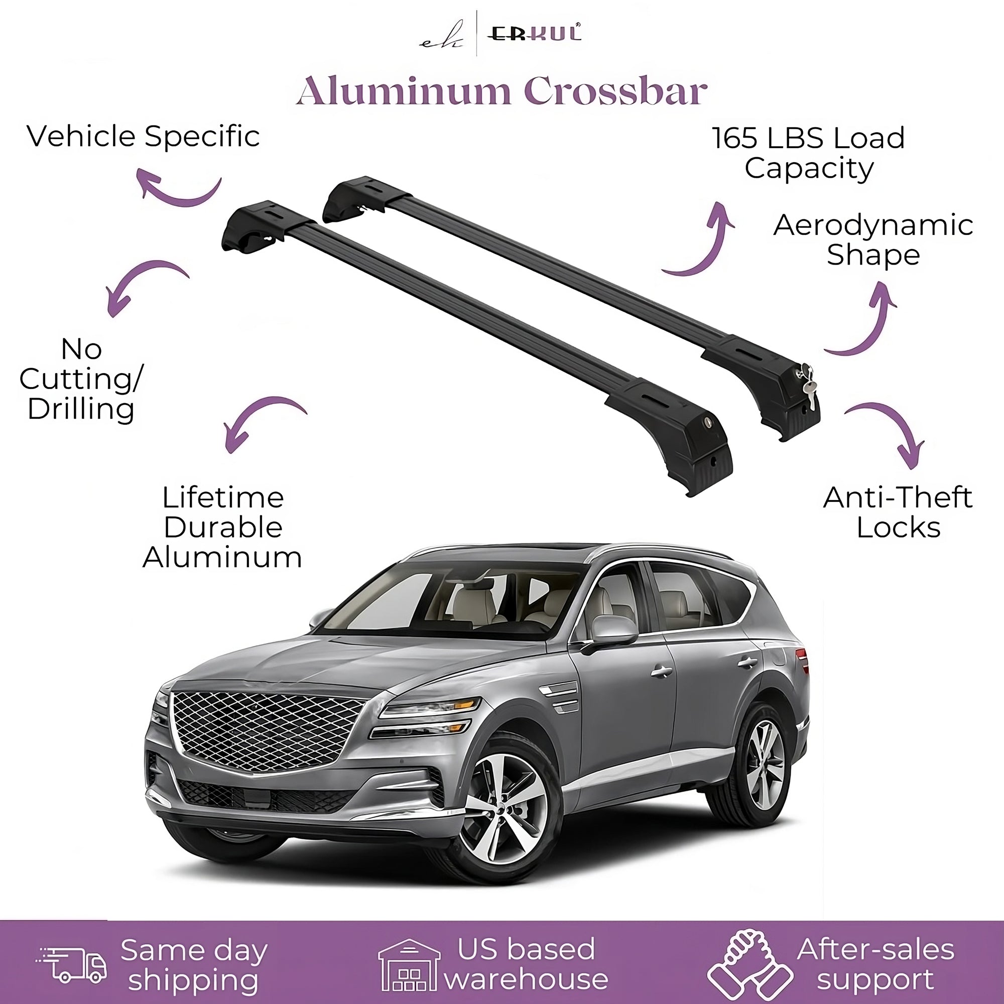 ERKUL Roof Rack Cross Bars Fits Genesis GV80 2021-2025 Fits Flush Rails Black