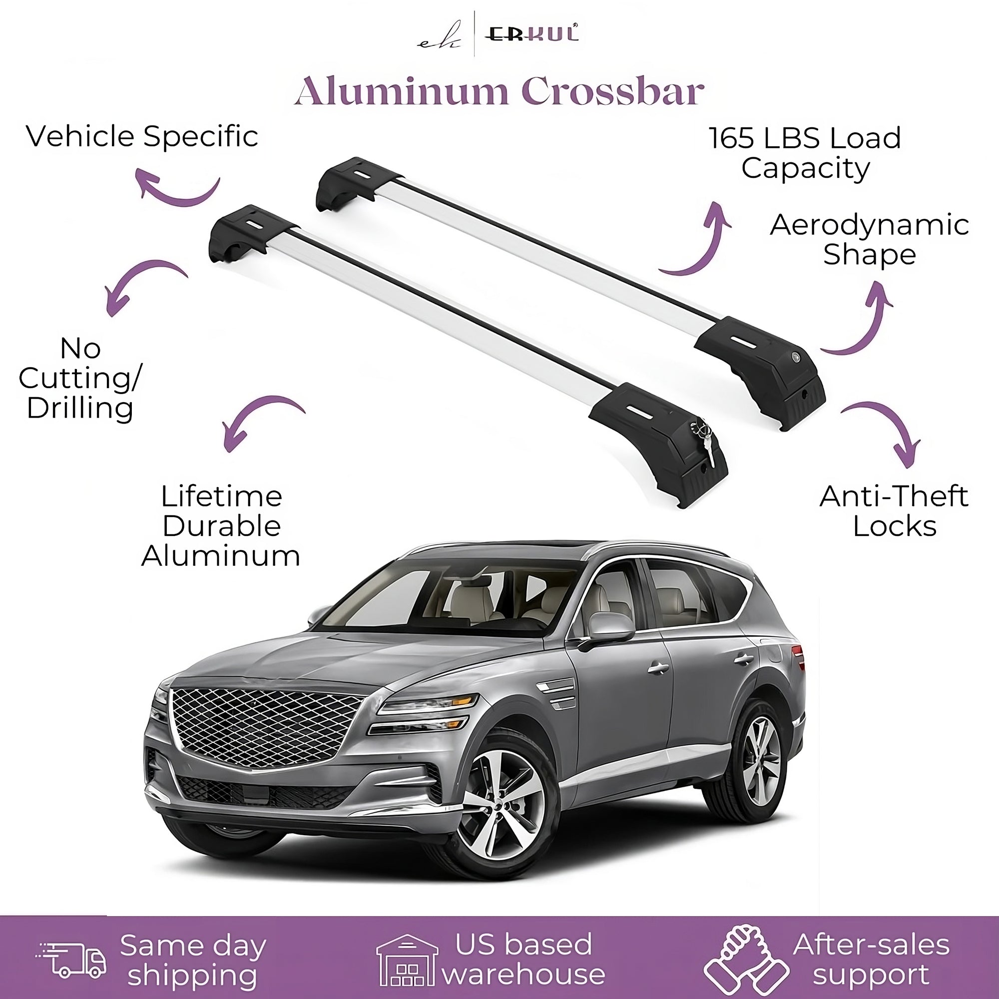 ERKUL Roof Rack Cross Bars Fits Genesis GV80 2021-2025 Fits Flush Rails Silver