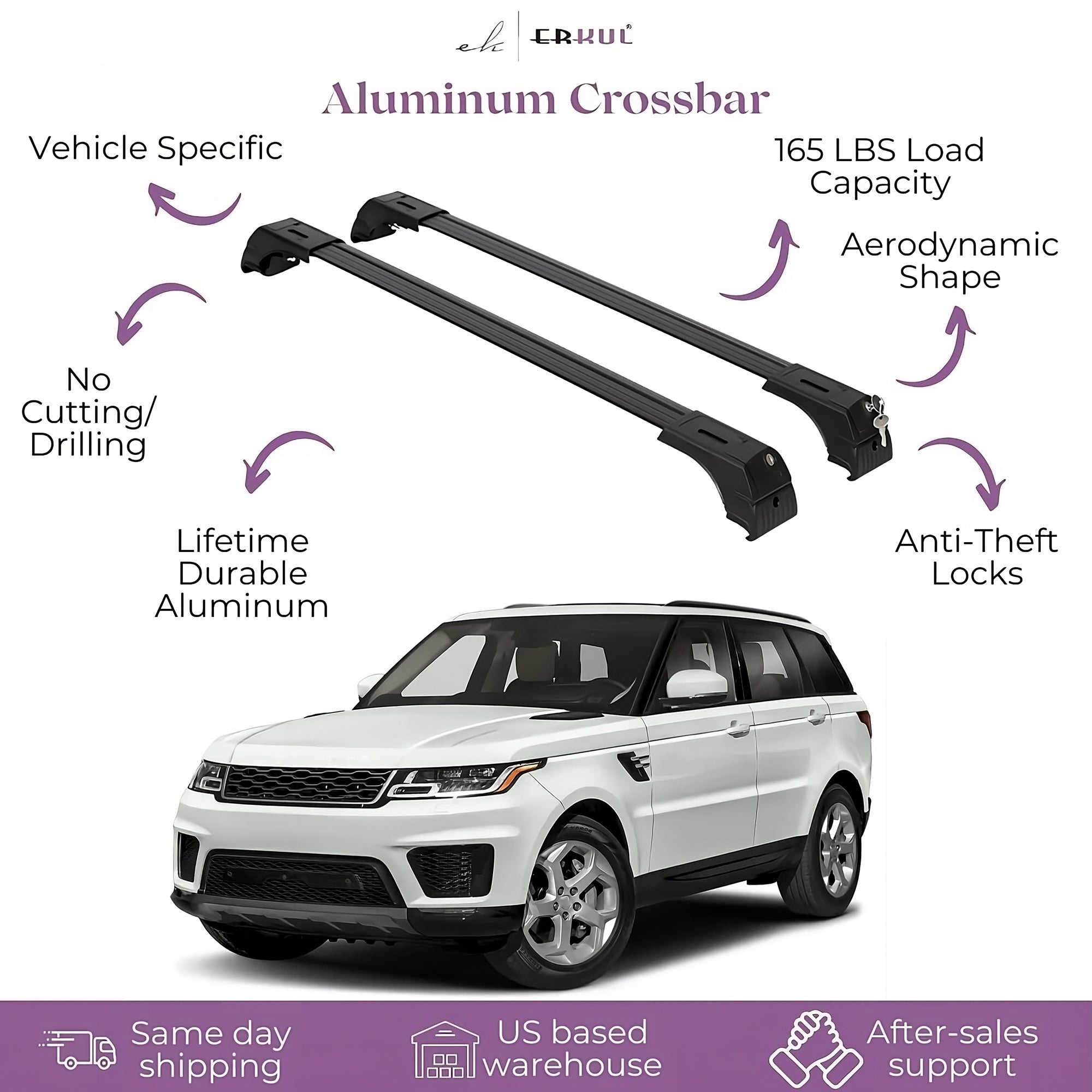 ERKUL Roof Rack Cross Bars Fits Range Rover Sport 14-22 Fits Flush Rails Black