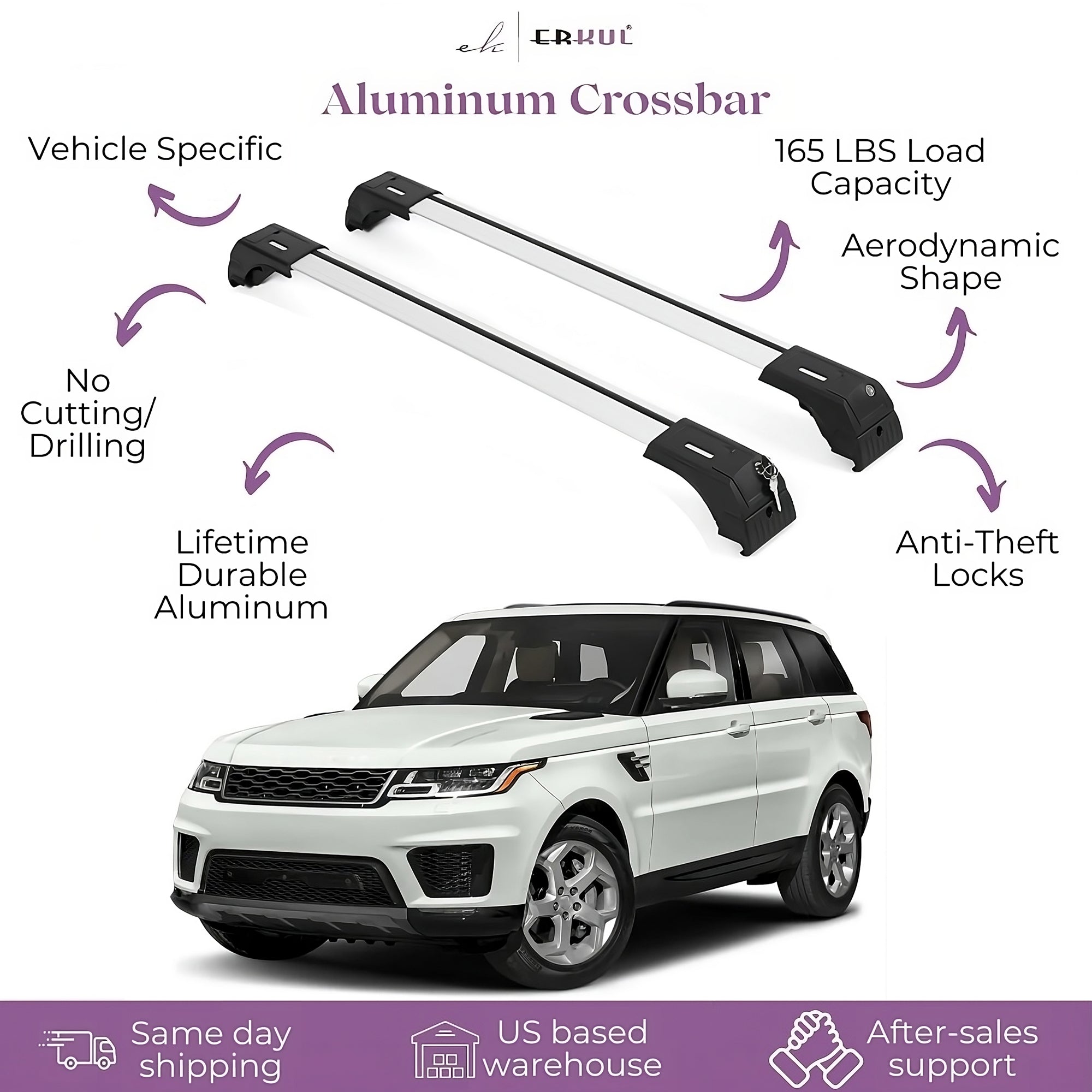 ERKUL Roof Rack Cross Bars Fits Range Rover Sport 14-22 Fits Flush Rails Silver