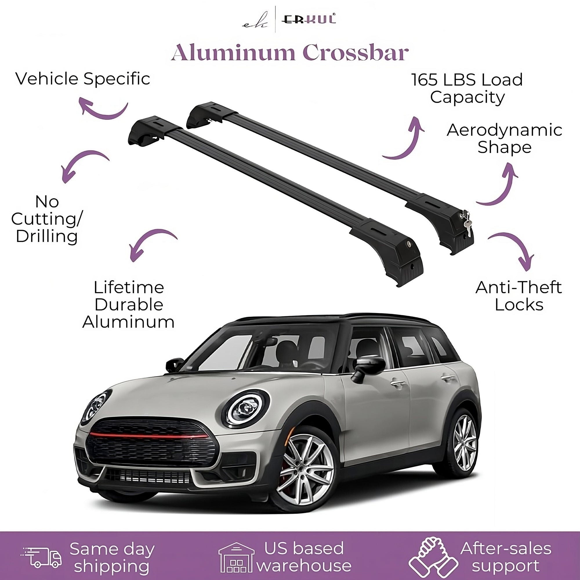 ERKUL Roof Rack Cross Bars Fits Mini Clubman 2016-2024 Fits Flush Rails Black