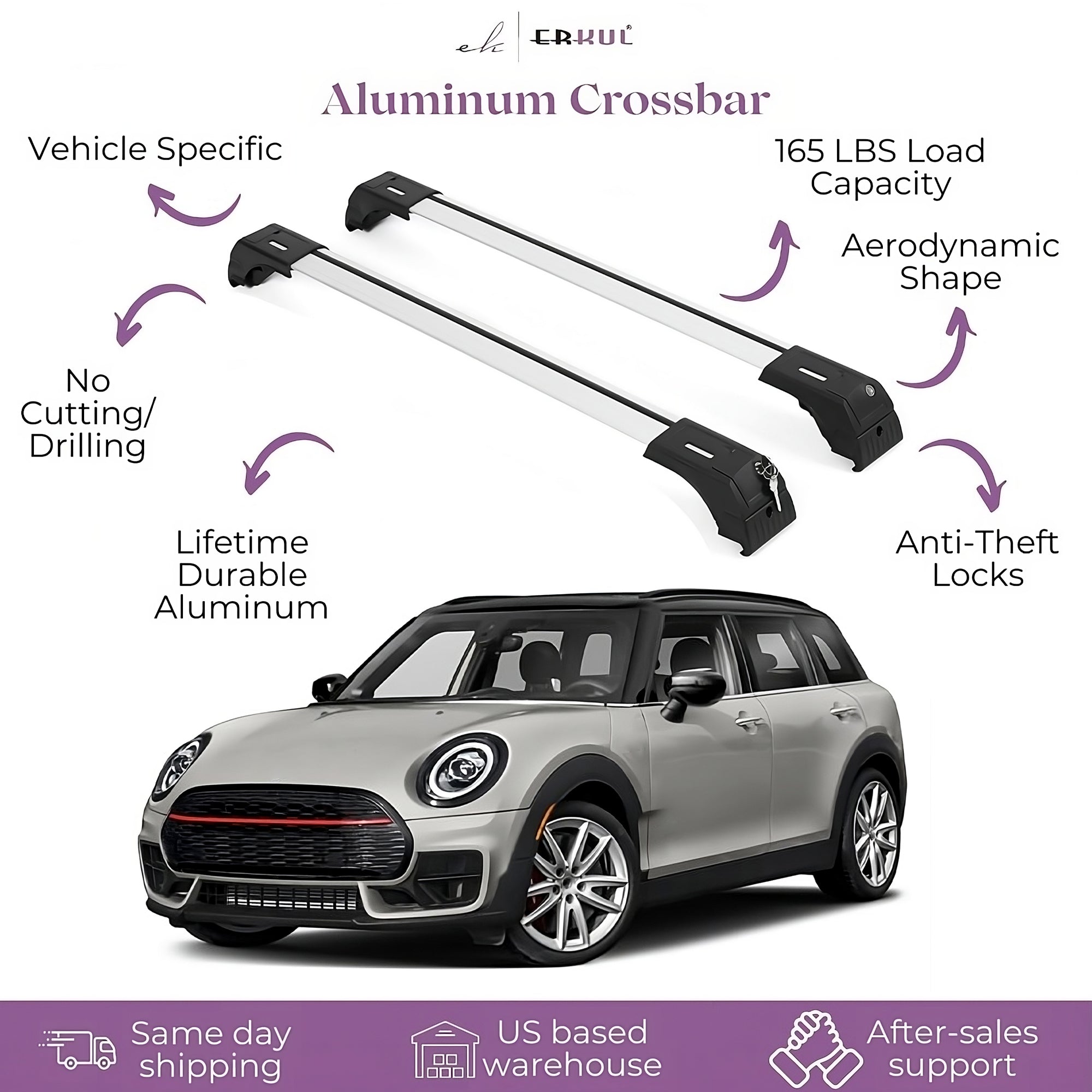 ERKUL Roof Rack Cross Bars Fits Mini Clubman 2016-2024 Fits Flush Rails Silver