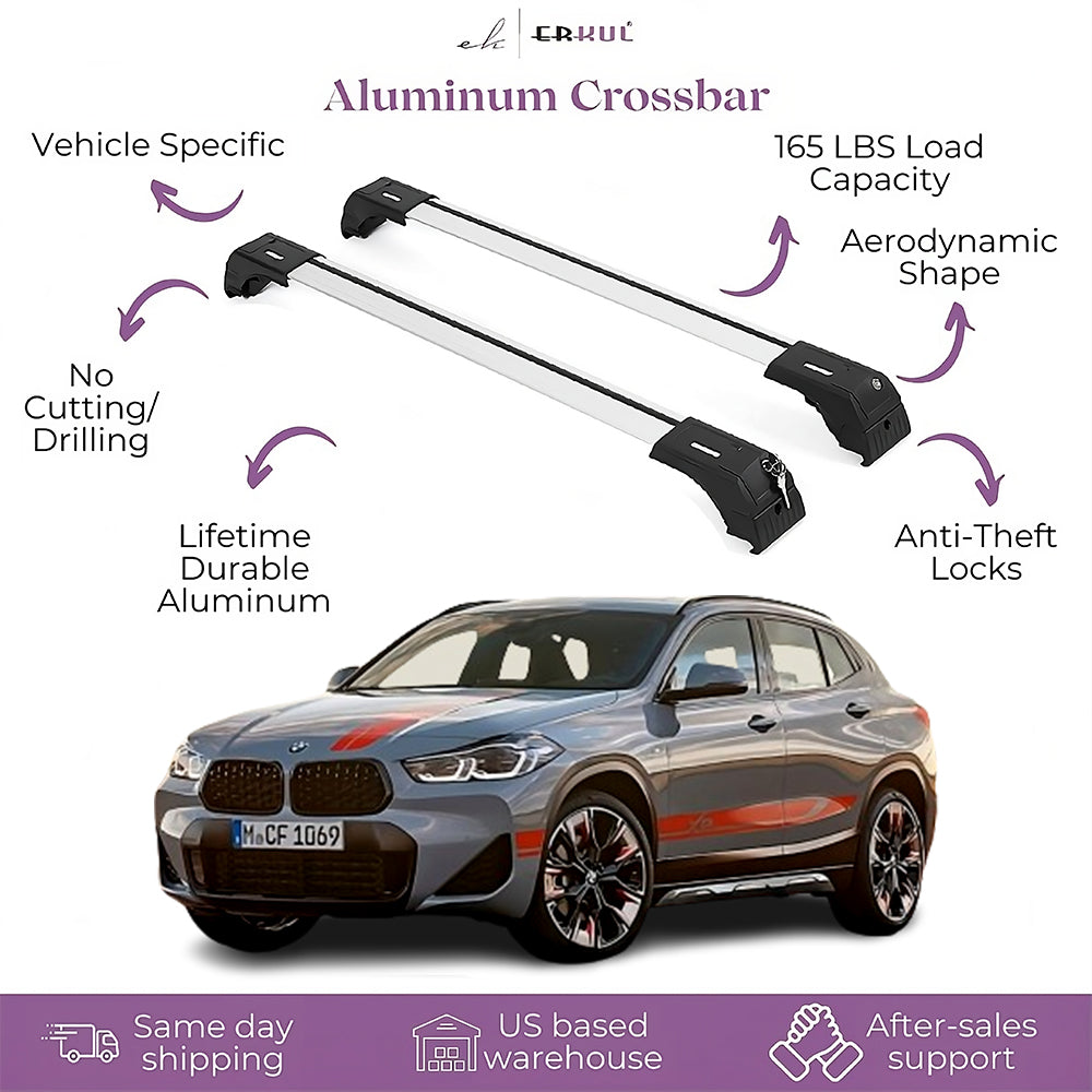 Erkul Roof Rack Cross Bars for BMW X2 2018-2023 Luggage Kayak Canoe Bike | Silver