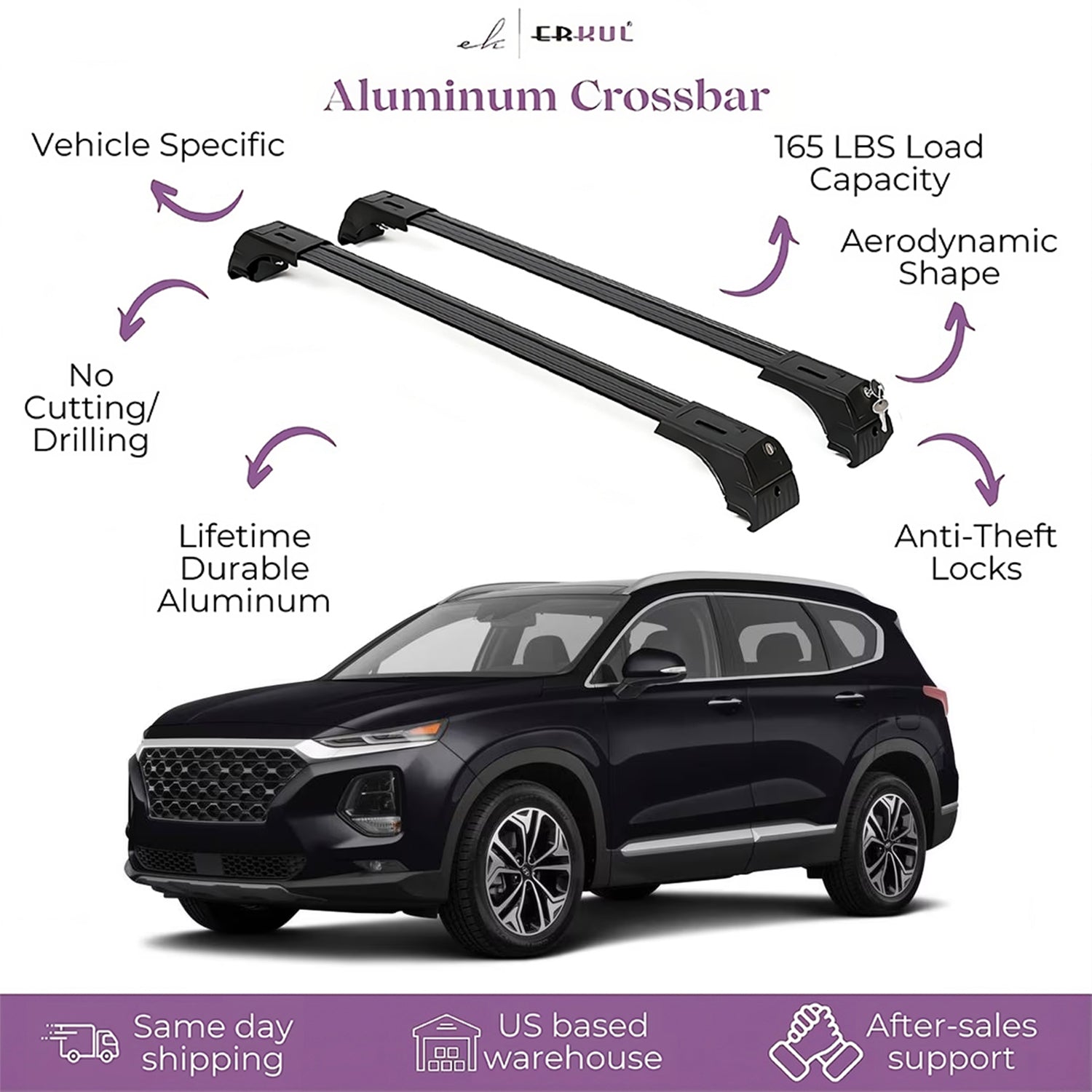 Erkul Roof Rack Cross Bars Fits Hyundai Santa Fe 2019-23 Fits Flush Rails Black