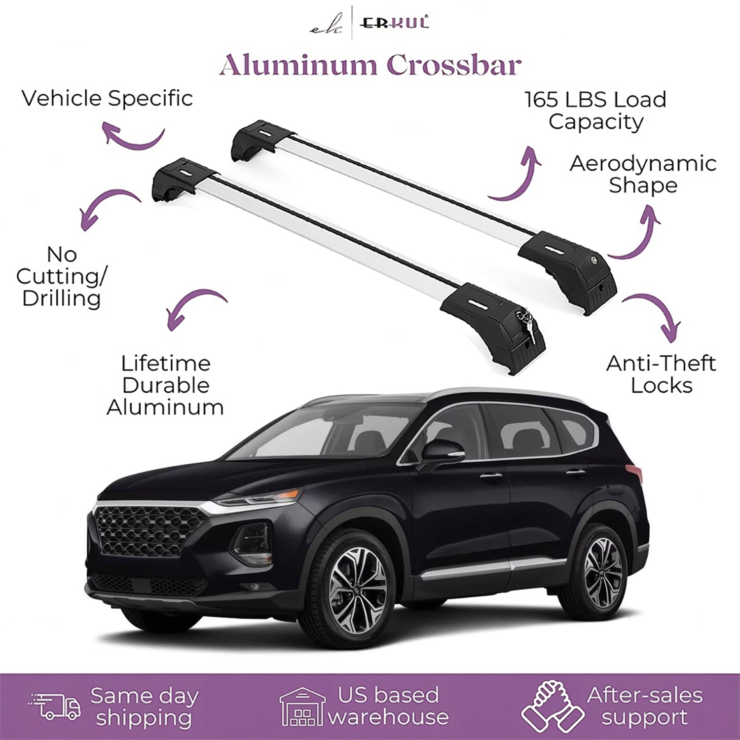 Erkul Roof Rack Cross Bars Fits Hyundai Santa Fe 2018-2023 Silver